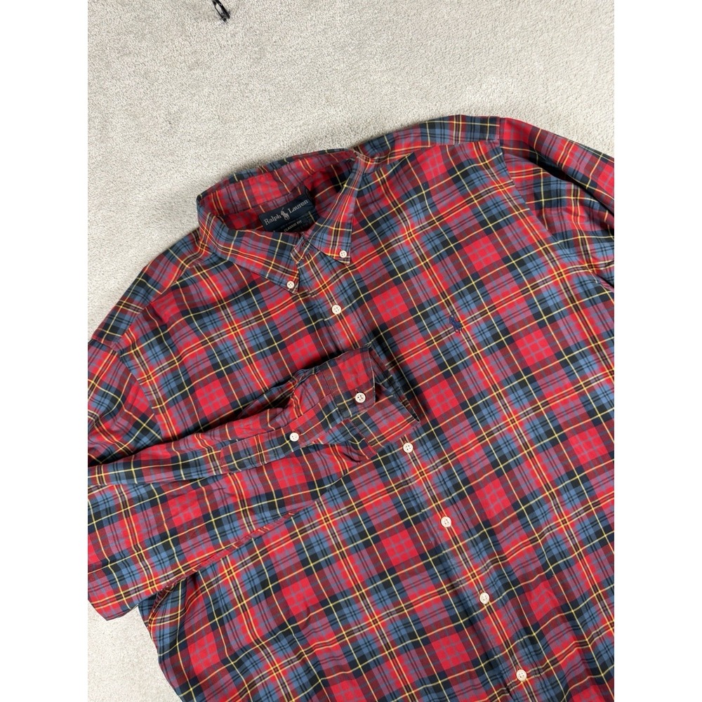 Polo Ralph Lauren Mens XXL Plaid Button Down Shirt Red Multi Color L/S Navy Pony